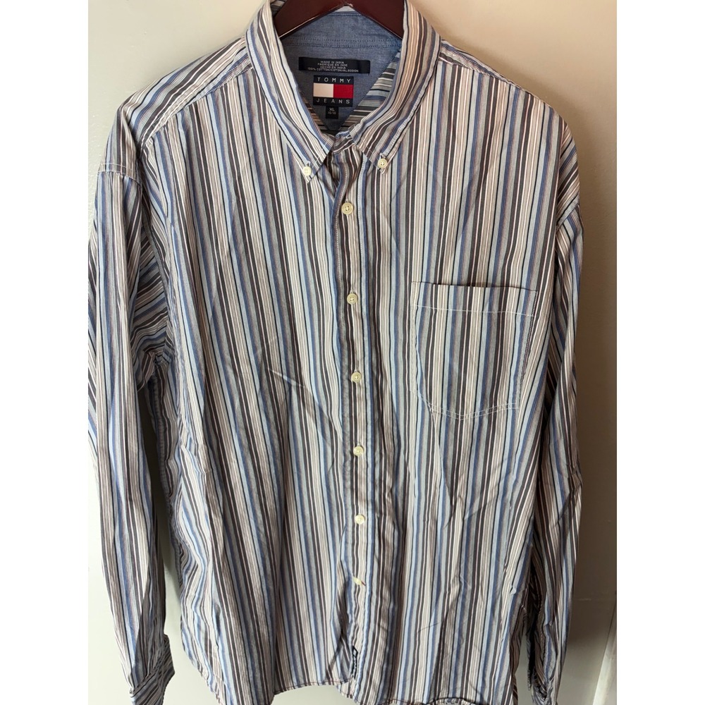 Tommy Jeans Mens XL Long Sleeve Button Down Shirt Blue White Striped Cotton